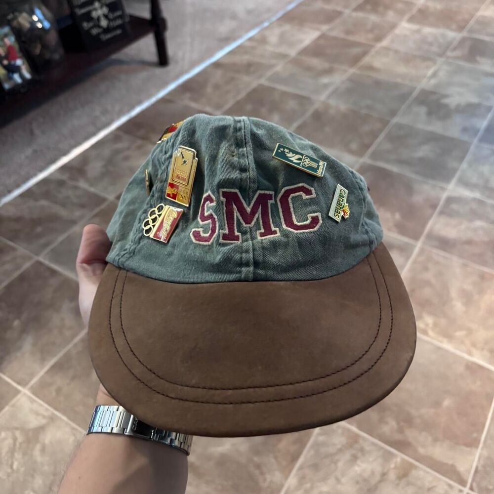 Vintage 90s SMC embroidered patchwork cap with several Olympics pins!